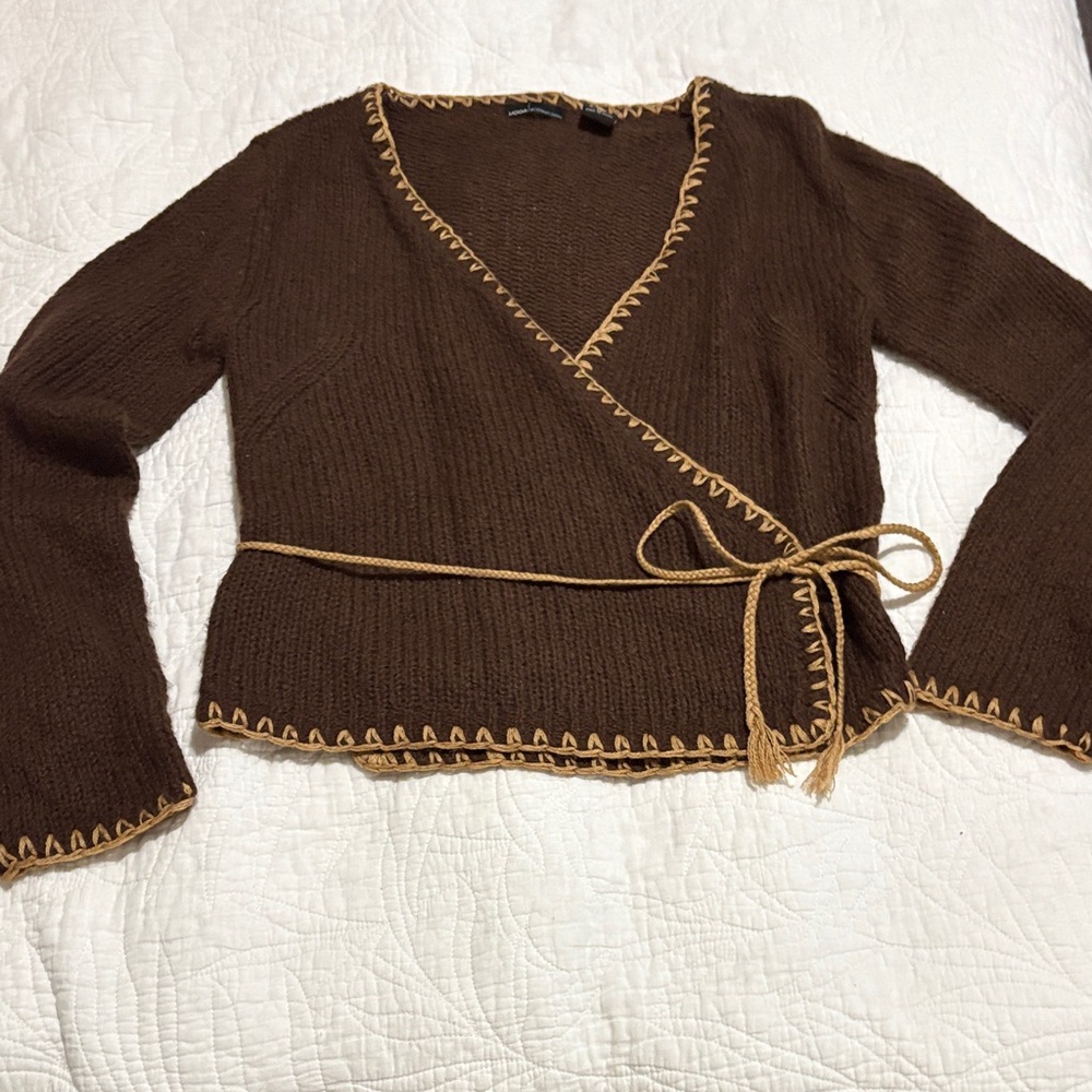 Moda International Chocolate V-Neck Sweater with Beige Trim
